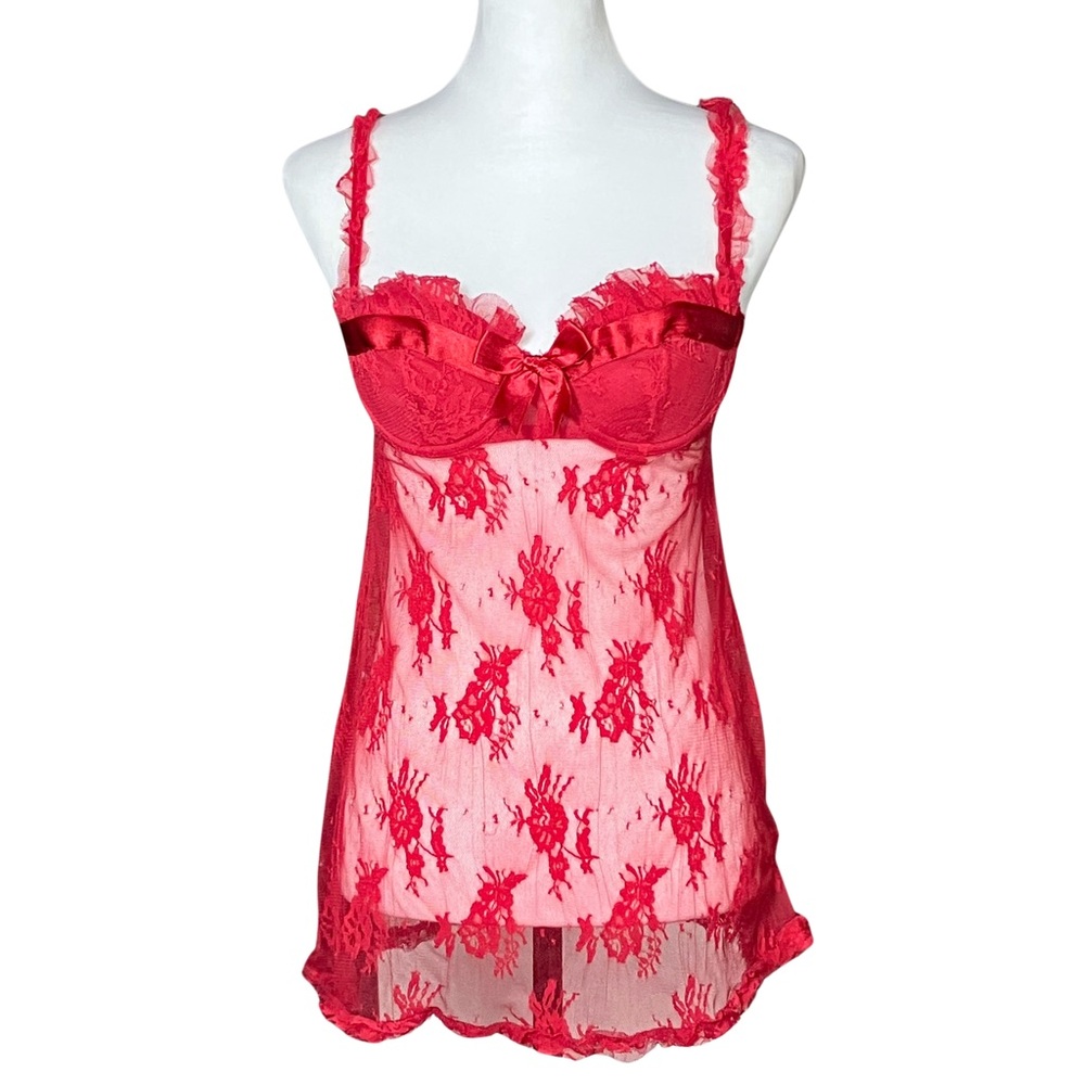 Vintage Y2K Coquette Red Sheer Lace Christmas Slip Dress. S/M. Babydoll Lingerie